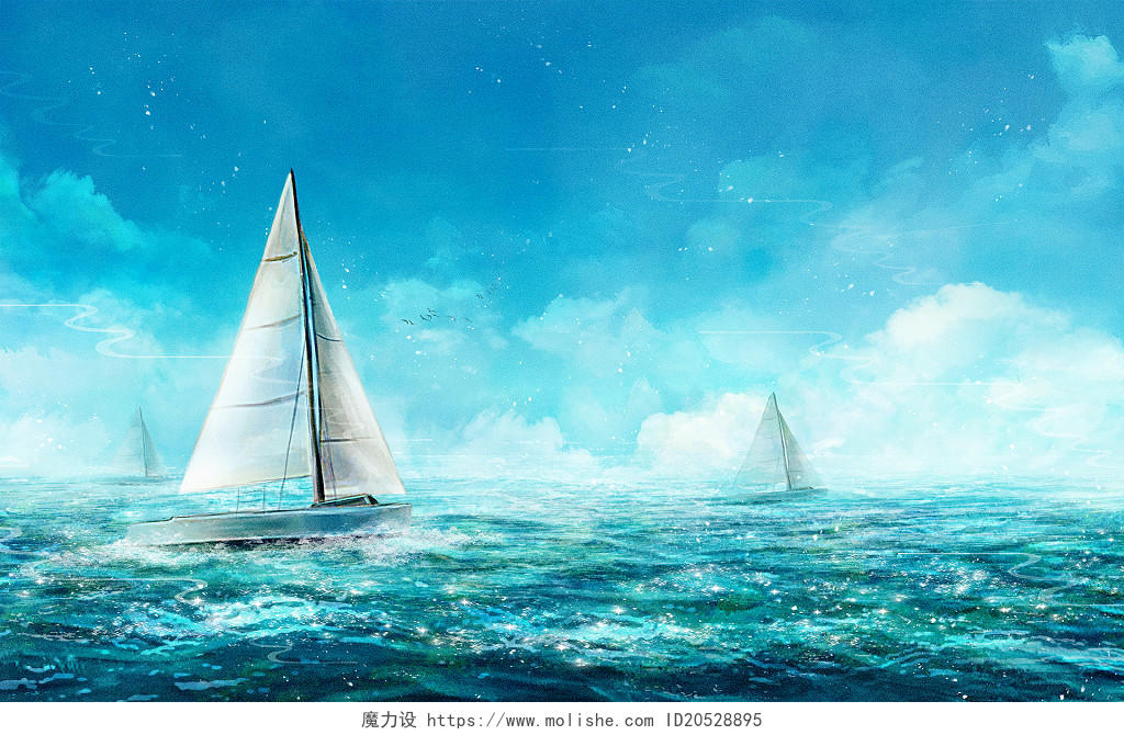 写实帆船插画大海海浪海洋白帆天空蓝天白云夏天夏季风景手绘背景